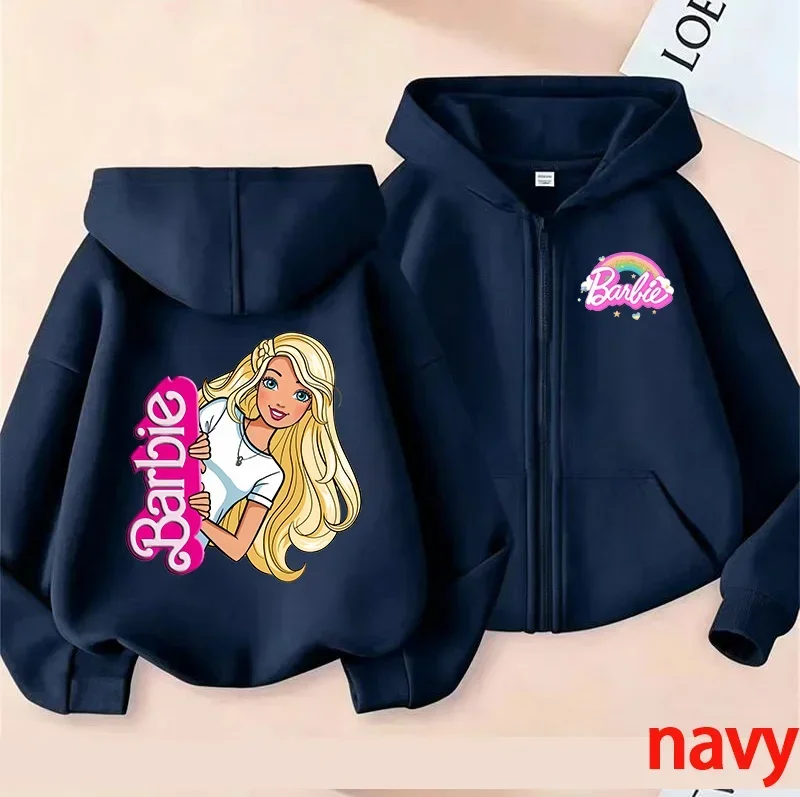 Barbie Printed Zip-Up Hoodie for Kids 2026 Streetwear Casual Sweatshirt Boys And Girls Comfortable Street Style Top