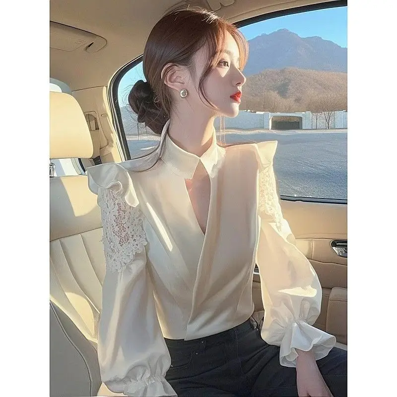 French Unique and Chic Women's Spring Top New Arrival High End White Satin Shirt