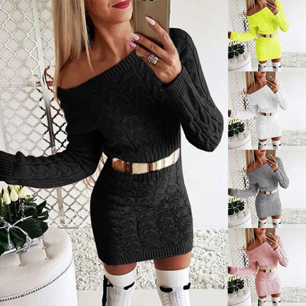 Frauen Herbst Winter Pullover Kleider Lange Twisted Bodycon Wrap Gesäß Kleider Sexy Eine Schulter Koreanischen Stil Slim Fit Kleider