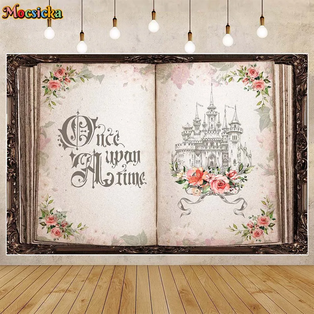 Mocsicka Once Upon A Time Magic Book Backdrop Rose Castle Kids Birthday Party Decoration Baby Shower Background Photoshoot Props