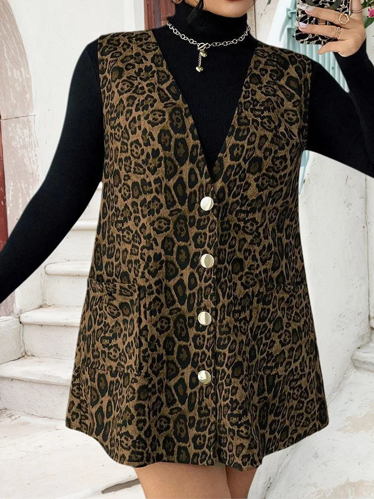 GIBSIE Plus Size Leopard Print Sleeveless Vest Dress Women 2025 Fashion V-Neck Single Breasted Loose Casual Autumn Short Dress
