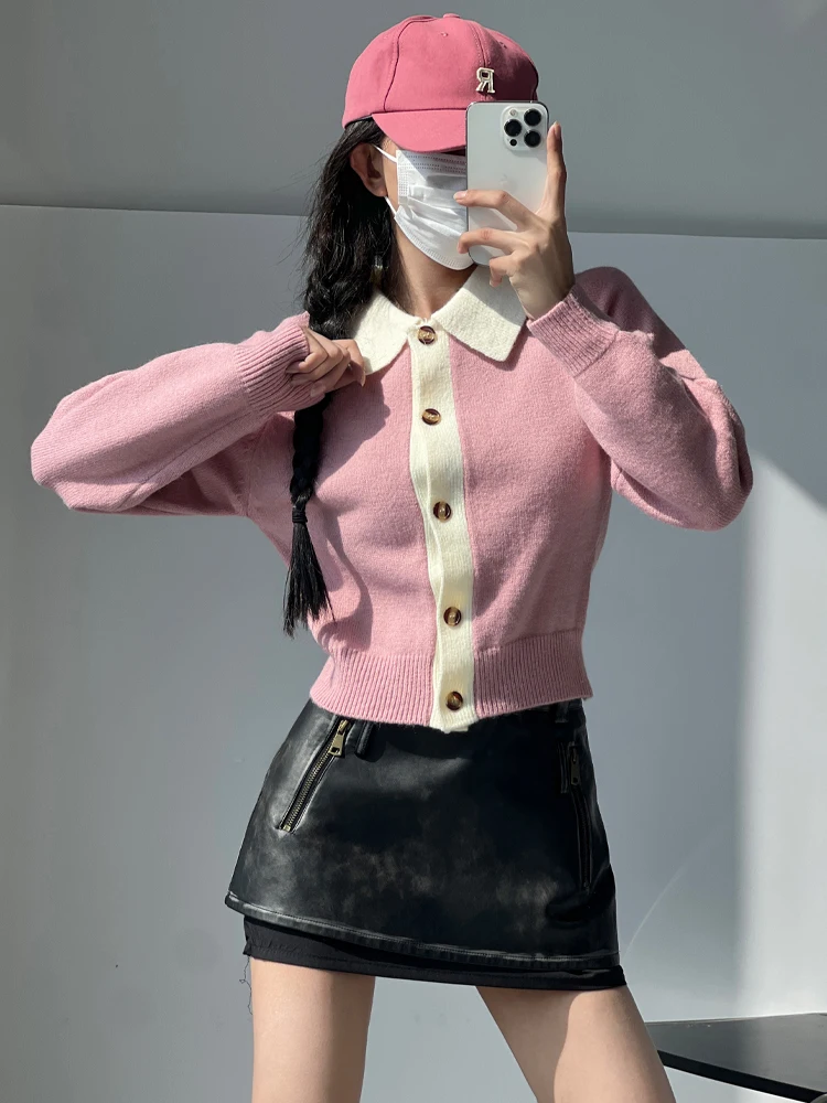 

Retro Sweetheart Color Blo Collar Button up Knitted Cardigan Women Slim Fit ort Long Sve Sweater Pink