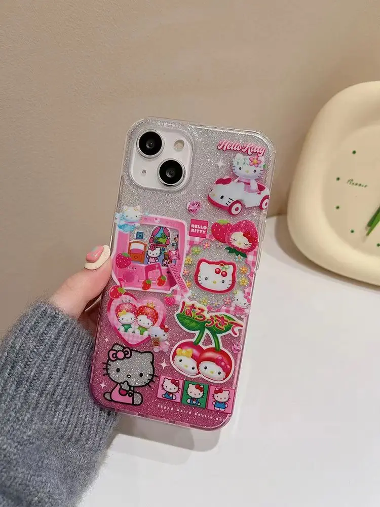 Cute Cartoon Sweet Cool Hello Kitty Bling Glitter Phone Case For iPhone 15 14 13 12 11 Pro Max Shockproof Back Cover