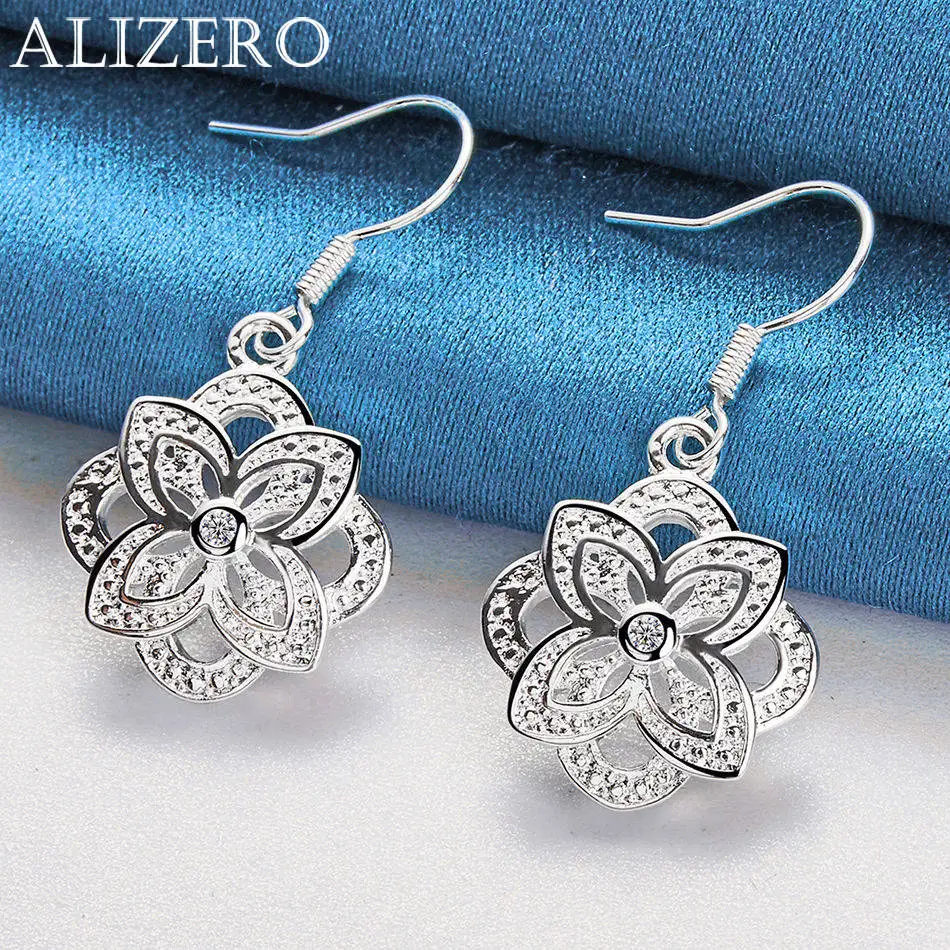 

ALIZERO 925 Sterling Silver Retro Flower Pendant Earrings with Engraving Design For Women Fashion Elegant Accessories Jewelry