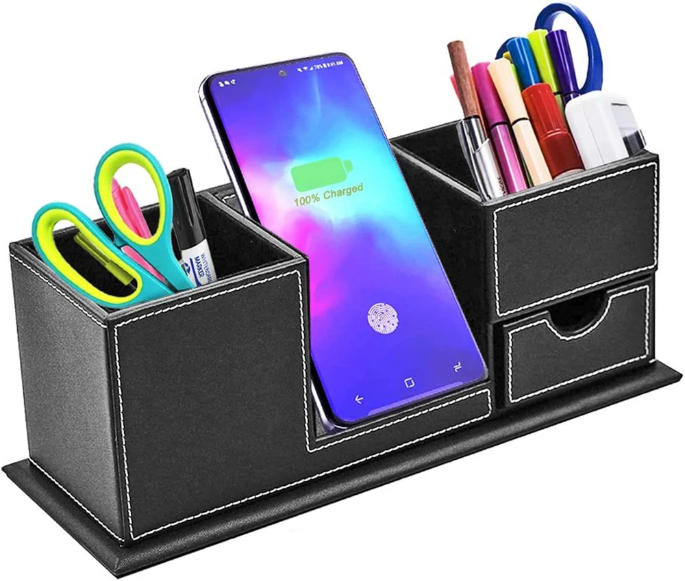 Desktop Draadloze Telefoon Oplader Organizer, Bureau Potlood Houder Pen Cup Opslag Met Qi Charging Station Dock