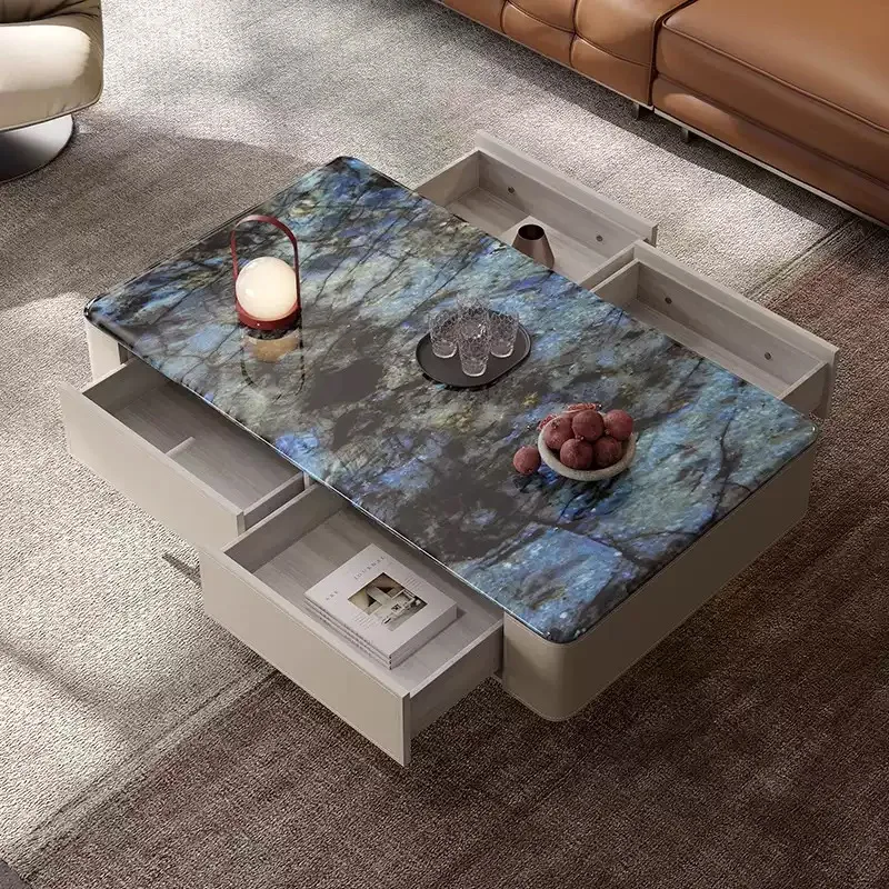 طراز إيطالي، رخام طبيعي، طاولة قهوة، سرج جلد، منزلي، حجر كريستالات دقيقة