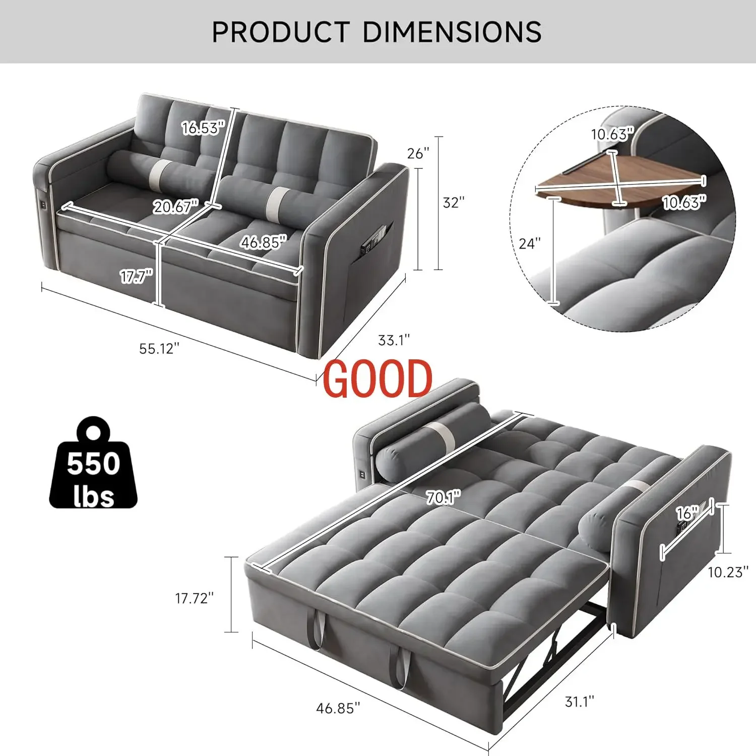 3 in 1 Sleeper Sofa Bed - Convertible Love Seat Couch with Side Table, Tufted Futon Sofa w/Pullout Bed, Adjustable Backrest