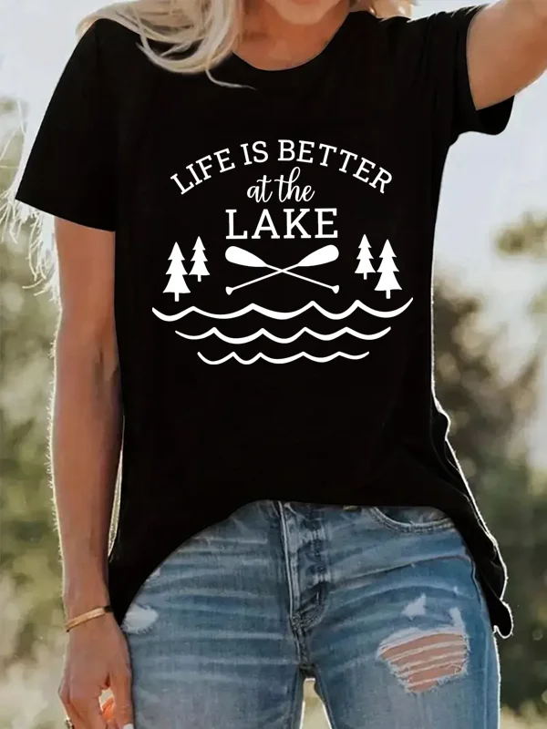 Life Is Better At The Lake Slogan Women T-shirt Vintage Grove Lakes Oar Print Trend Casual Comfort Spring Outing Female Shirt