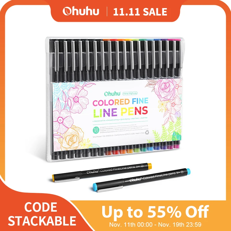 

Ohuhu Hana Highway Fineliner Drawing Pens 18 Pack Art Colored Pens Micro Pens Waterproof for Drawing Sketching Writing Markers