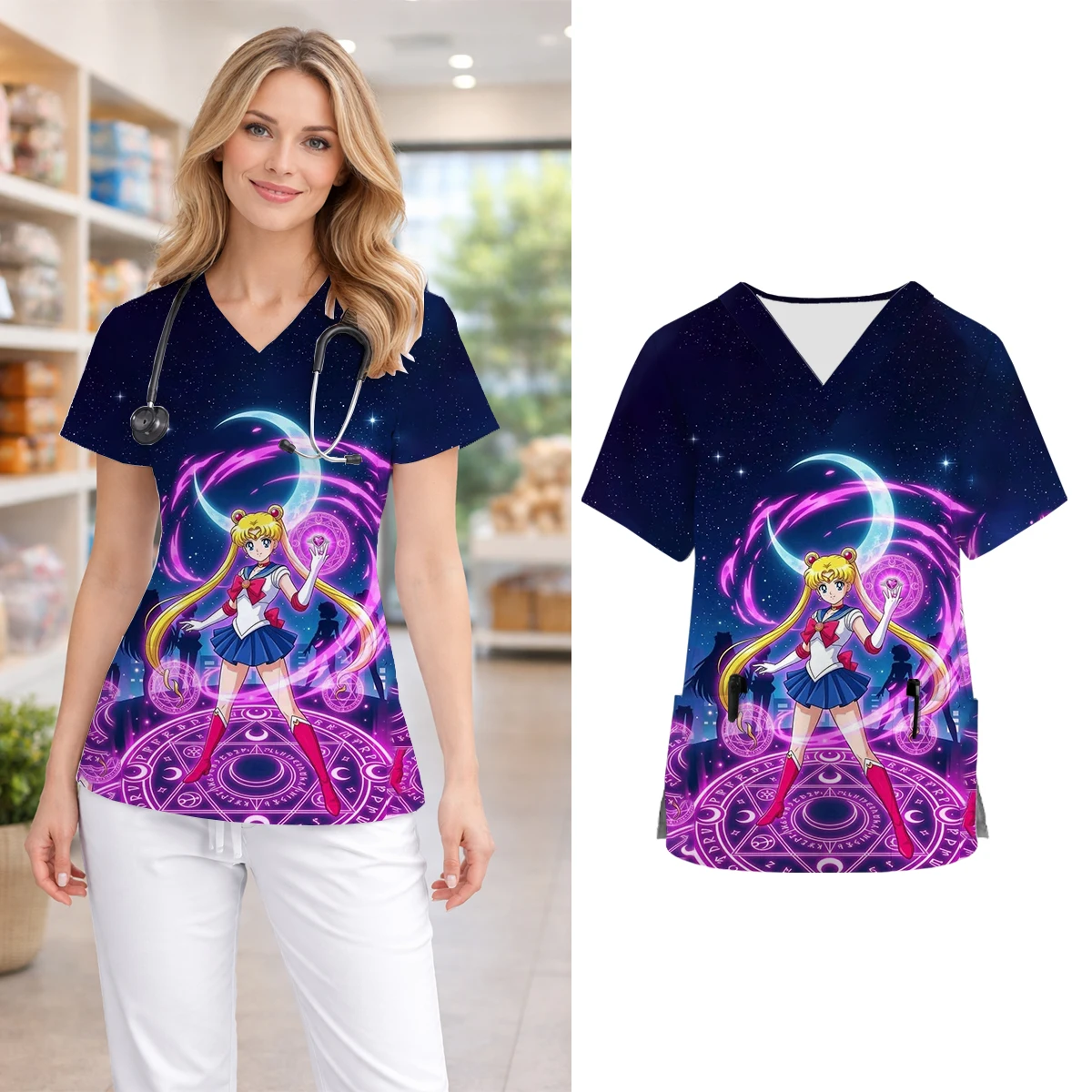 Summer Women's V-neck Nurse Short-sleeved Pocket Medical Uniform Casual Girl Fighting Print Nursing Workwear Clinic Shirt