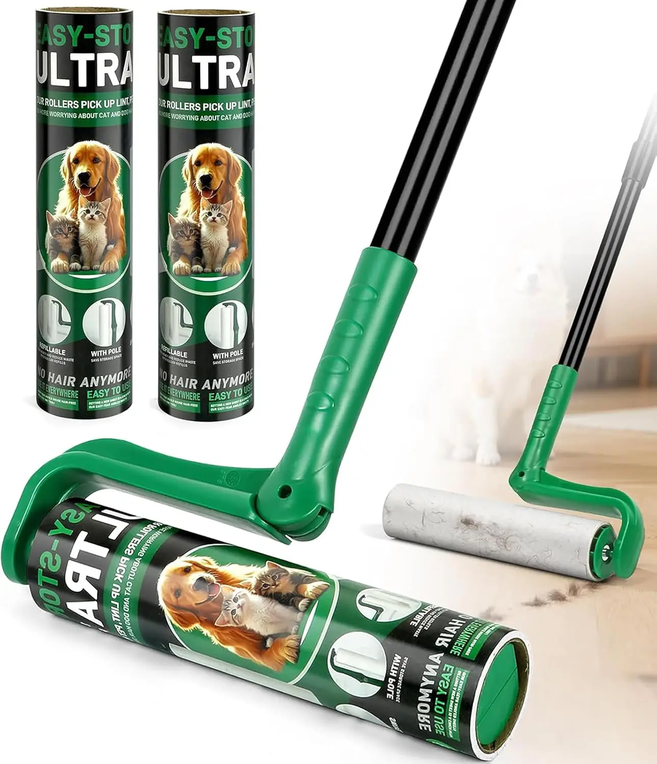 10" Extra Sticky Lint Roller for Pet Hair, Long Handle Floor Cleaner, Carpet & Furniture, Green