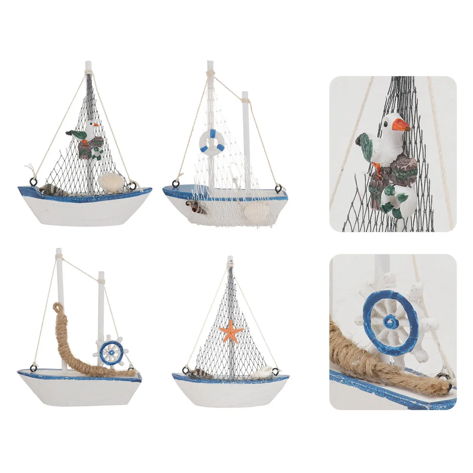 

4Pcs Mediterranean Sailing Boat Home Decor Wooden Craft Navy Blue White Coastal Theme Ornament Desk Shelf Party Photo Prop