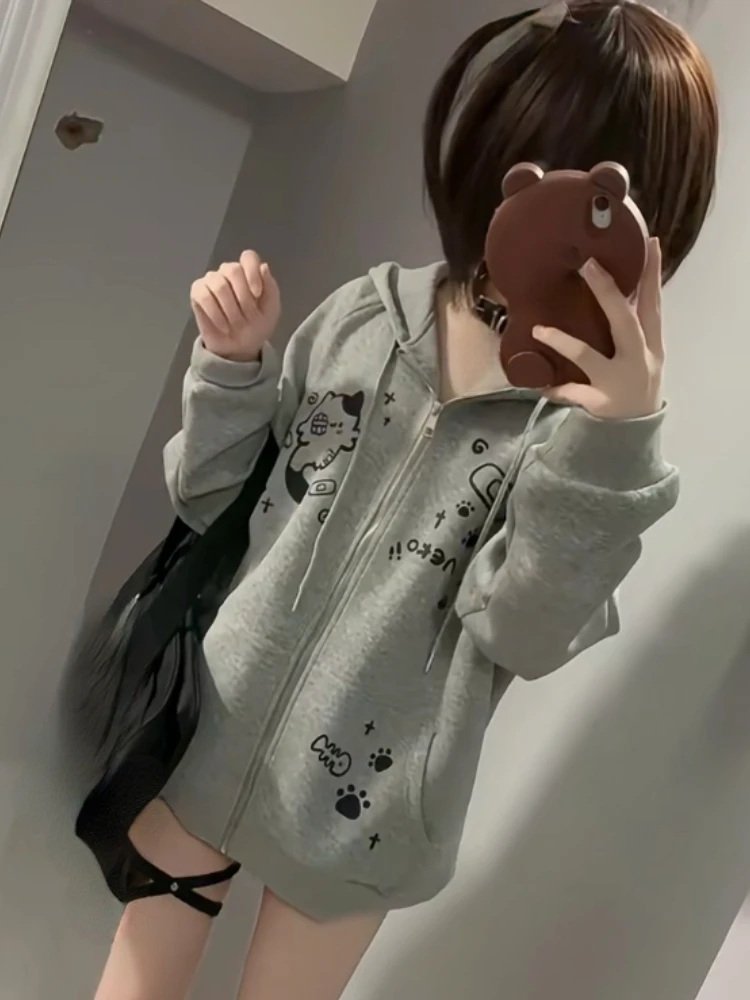 Japanse Kawaii Hoodies Vrouwen Trekkoord Sweatshirt Grunge Kleding Girl Y 2K Esthetische Cartoon Print Harajuku Casual Streetwear