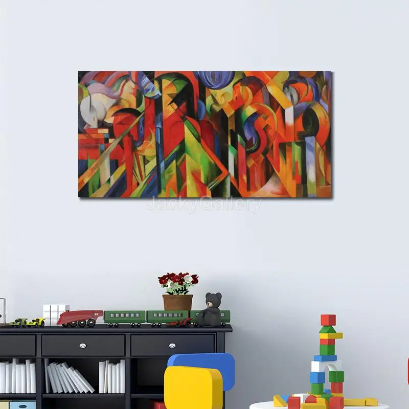 Hand Painted Franz Marc Painting in Oils Reproduction Stables Abstract Canvas Art for Study Room Wall Decor