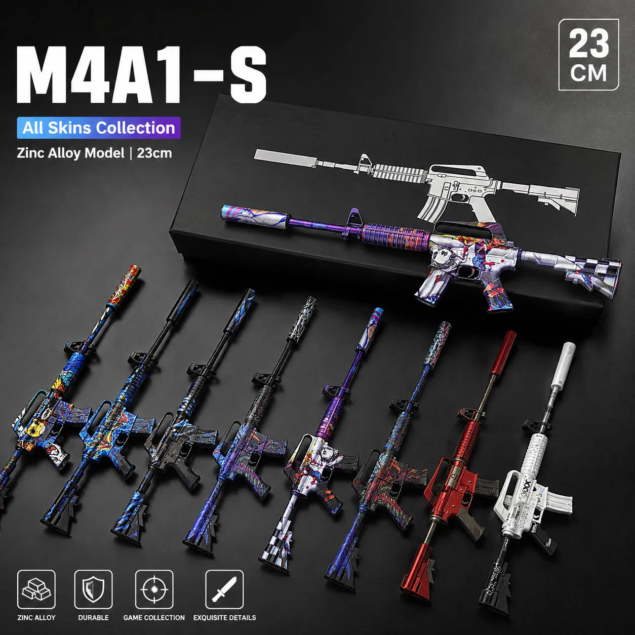 M4A1-S Gun Skin Model 23cm Zinc Alloy Collectible Replica Display Toy for CS Game Fans Tactical Decoration Gift Collection