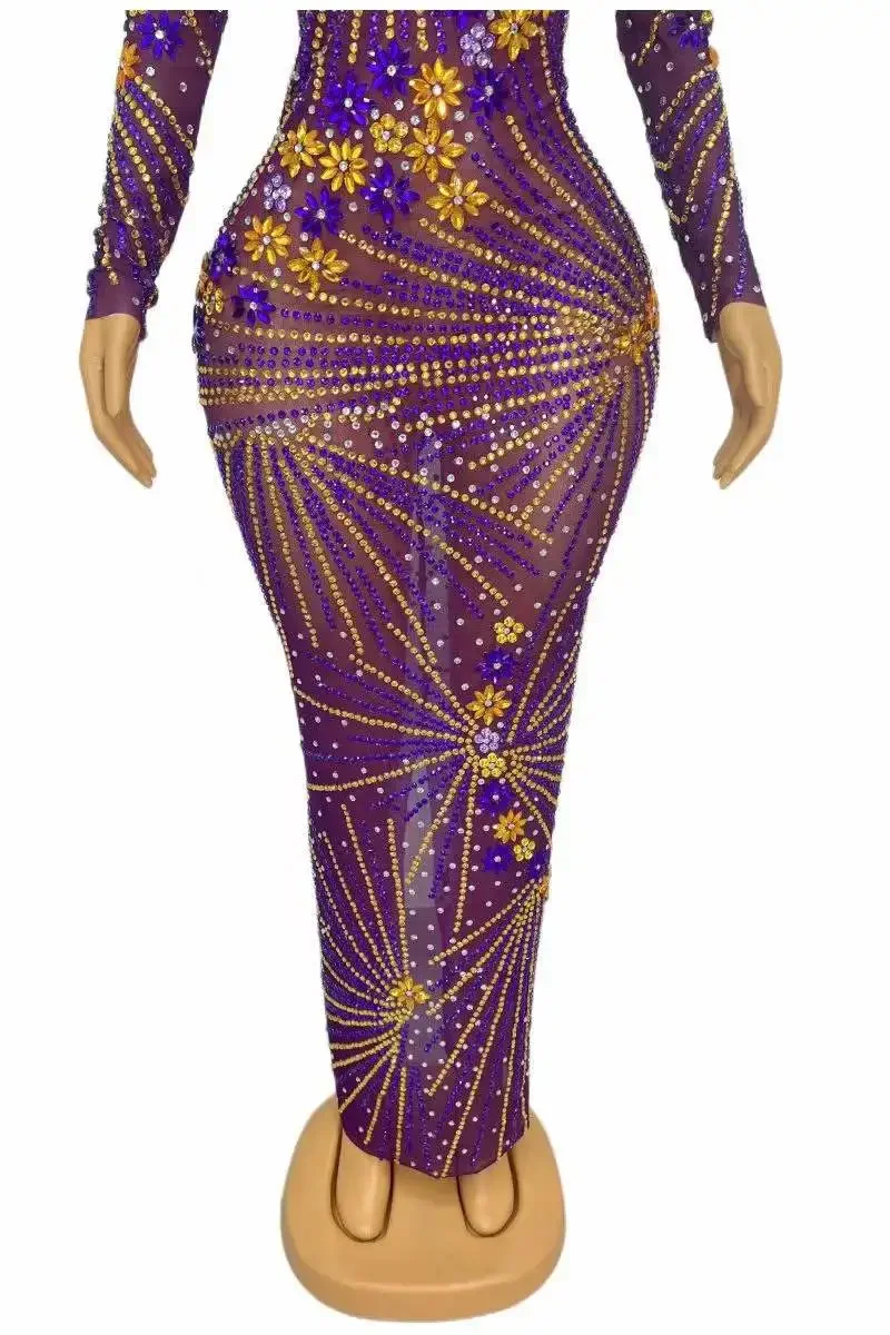 Long Dress Evening Dress Women Sparkly Purple Rhinestone Drag Queen Outfit Birthday Stage Performance Costume 2023 New