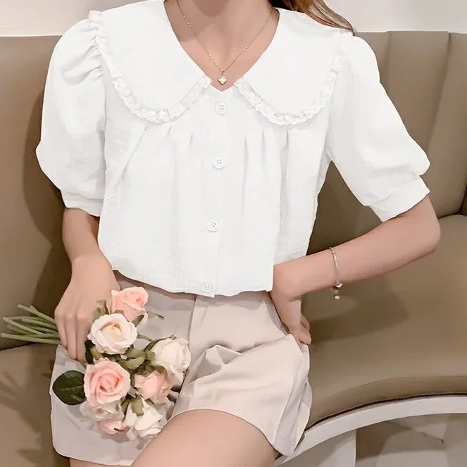 

Short Sleeve Shirts Womens Patchwork Mesh Sleeve Blouse Minimalist Street Style Button Up Slim Fit Trendy Artistic Chic Elegant