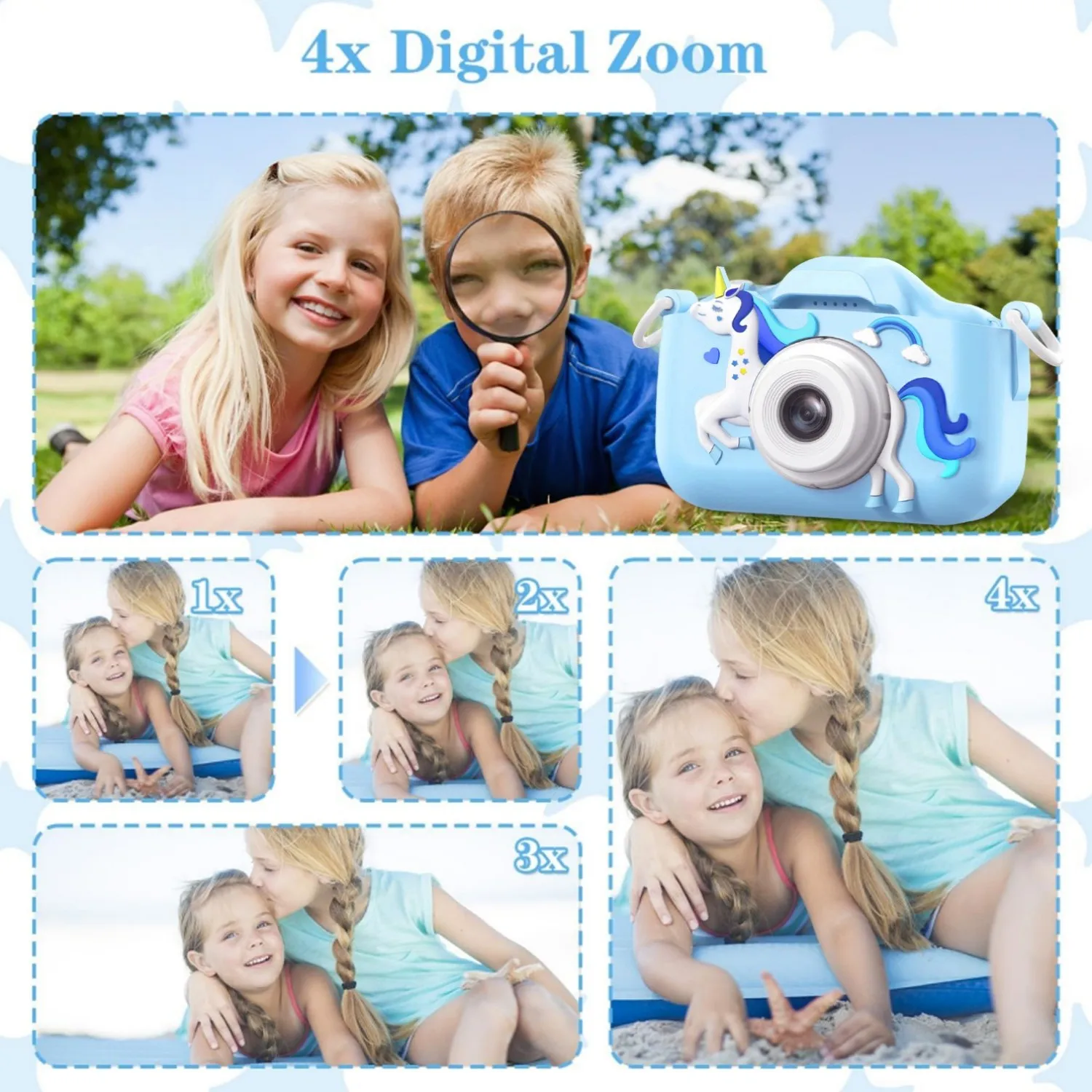 INOCTI Dziecięce Aparaty Jednorożec Silikonowe Etui Podwójne Aparaty Fotograficzne dla Dzieci Aparat Wideo HD Zabawki Prezenty na Boże Narodzenie Urodziny