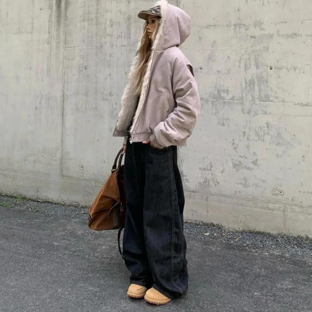 

Sweet Short Hoody American Coat Winter Fur Patchwork All-match Vintage Moda Parkas Fashion Loose Warm Thicked Soft Jacket