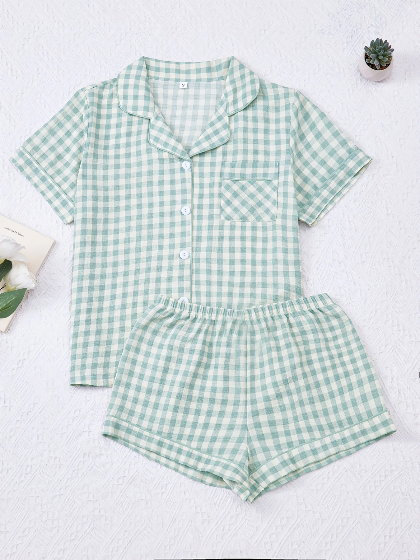 Women Pajamas Set Summer Ladies Plaid Print Casual Pajama Set, Short Sleeve Collar Top and Shorts Casual Comfy Loungewear