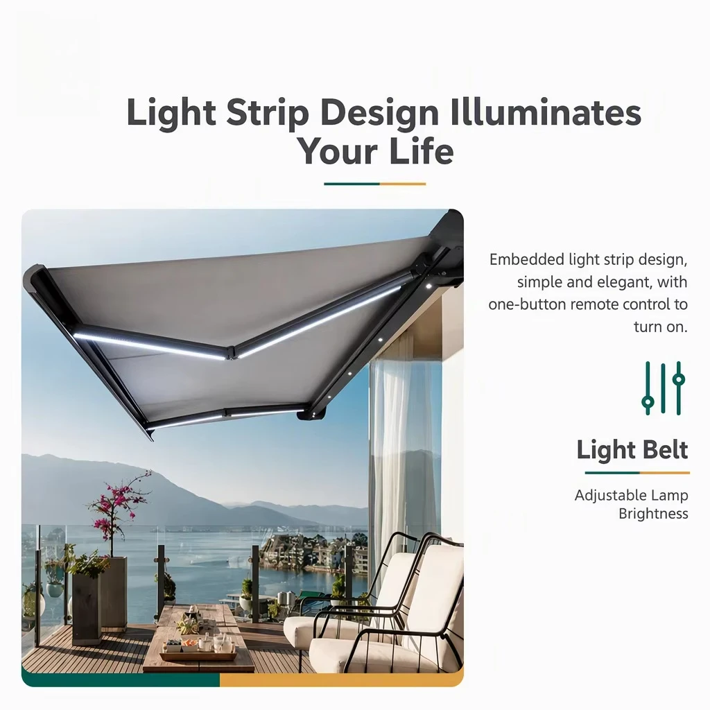 Custom Size Electric Retractable Awning, High UV‑Resistant Powder‑Coated Commercial Awning for Restaurant Patio Garden