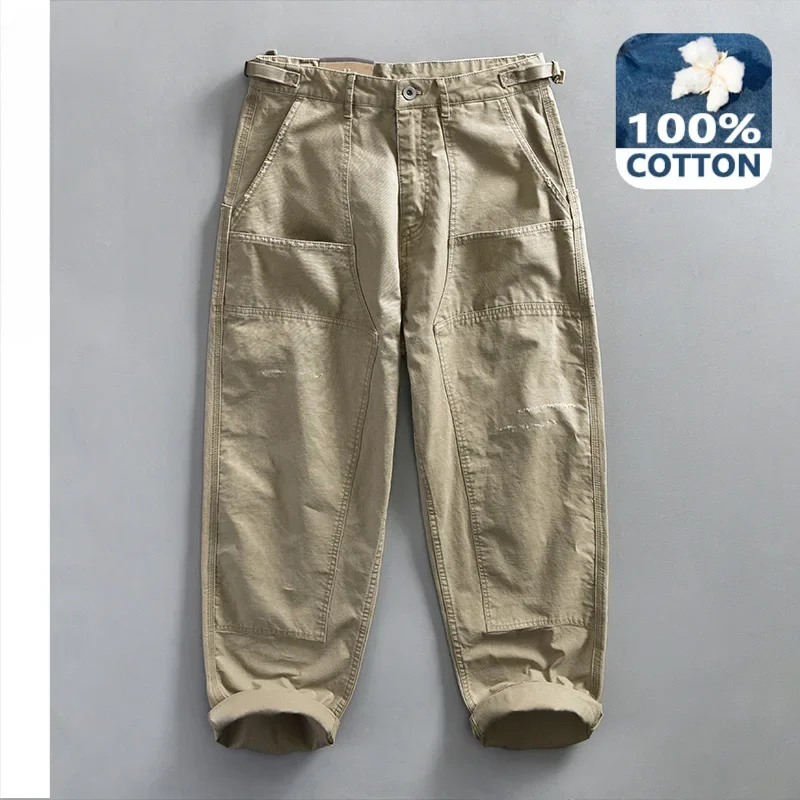 

2024 Spring New Casual Cargo 100% Cotton Pants for Men Vintage Big Pocket Trousers Streetwear Men