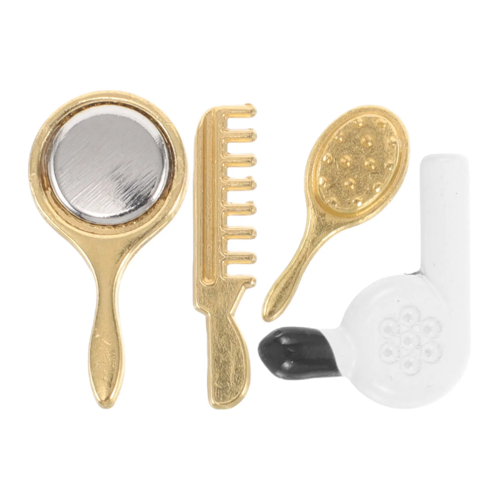 4Pcs Alloy Miniature Hair Styling Tools Set Realistic Hairbrush Mirror Hairdryer Accessories for Dollhouse Grooming Play