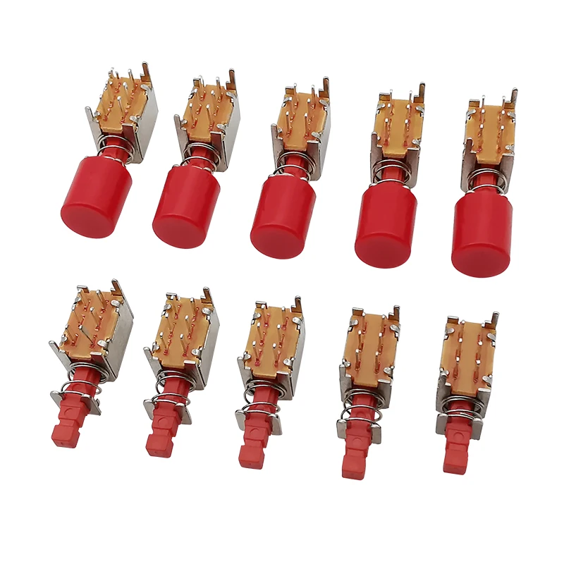 10Pcs A03 PS-22F03 Directly Switch 6 Pins Self-locking Key Power Switches Right Angle PCB Latching Push Button Switch Red Handle