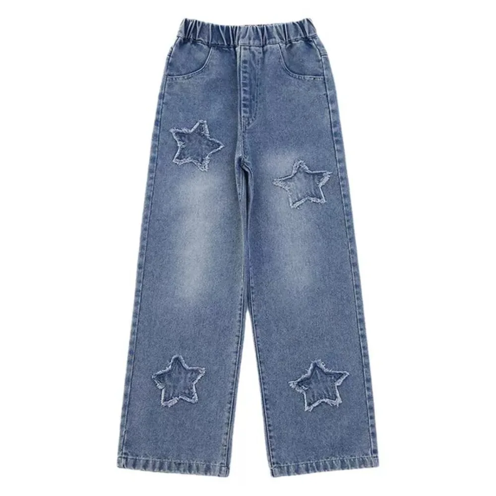 

Ins Embroidered Stars Teens Girl Jeans Loose Wide Leg Children Y2K Jeans High Waist Cowboy Pants Girls Denim Trousers Streetwear
