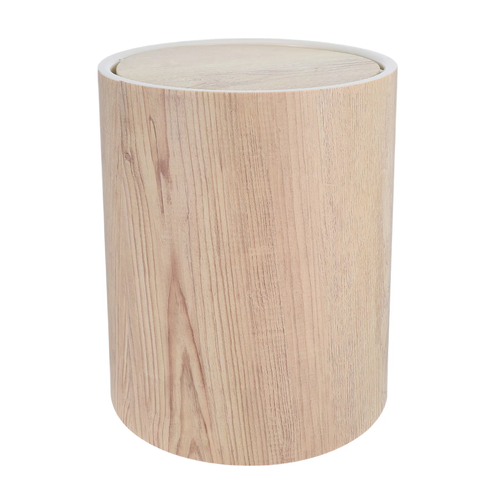 Wood Grain Trash Bin with Flip Lid Vintage Compact Plastic Garbage Can for Bathroom Office Bedroom Living Room