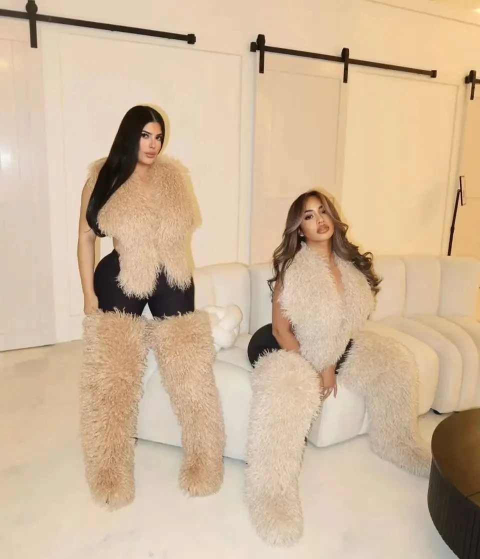 New Coming Womens Pink   Burgundy Faux Mongolian Thigh Highs Faux Fur Boots Y2k Fluffy Boots