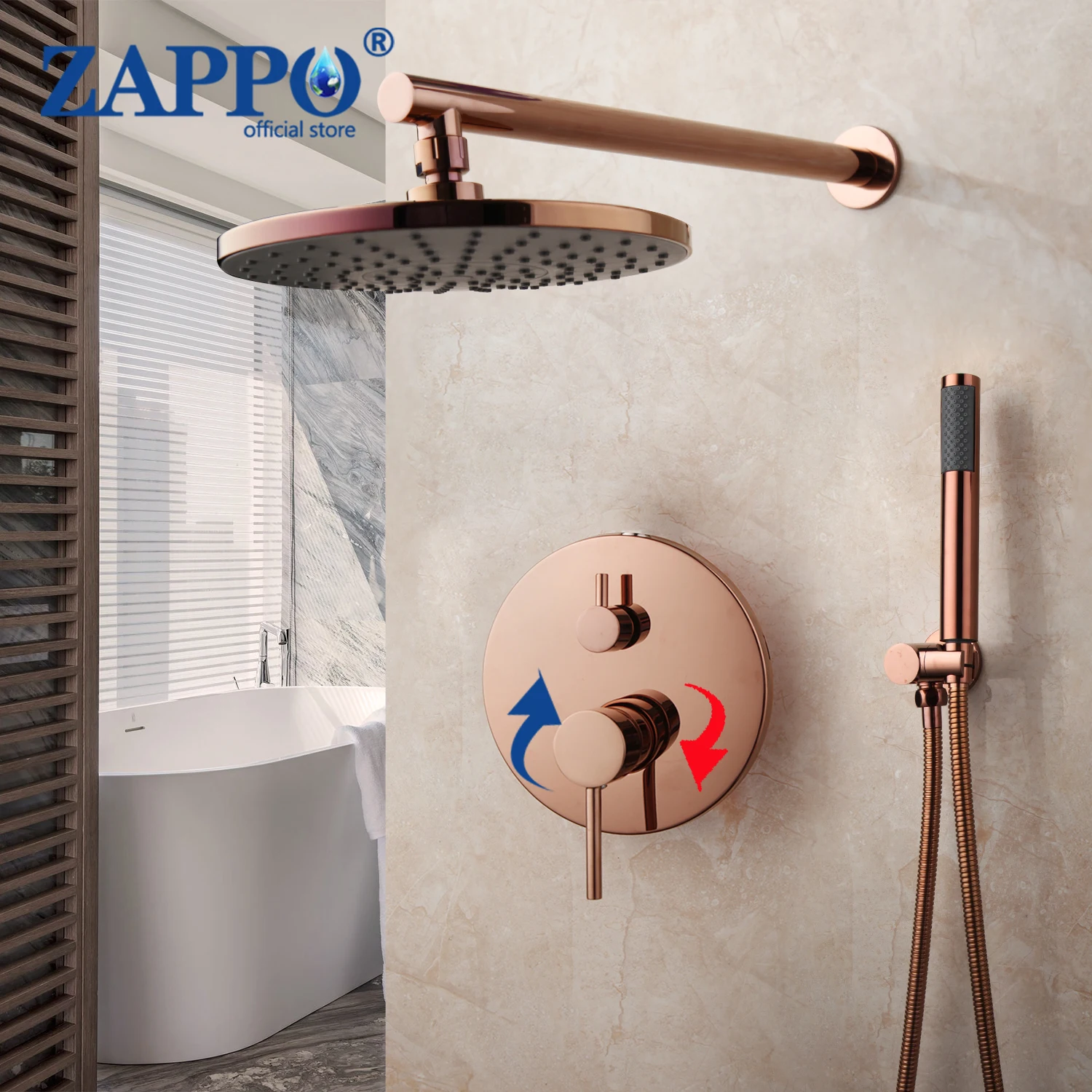 ZAPPO Brass Rose Gold Shower Bathroom Faucet Wall Arm Diverter Mixer Handheld Spray Faucets Set With Rian Shower Head Tap