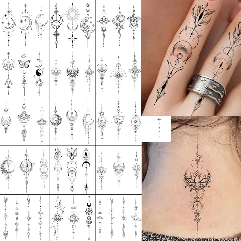 1 Sheet Lotus Crestent Arrow Chain Temporary Tattoos For Women Hand Finger, Realistic Fake Tattoo Stickers Waterproof Temp Tatoo