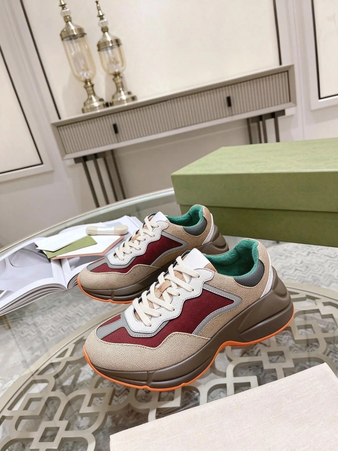 Unisex Color Block Chunky Sneakers, Canvas & Suede Patchwork Lace Up Thick Platform Retro Dad Shoes