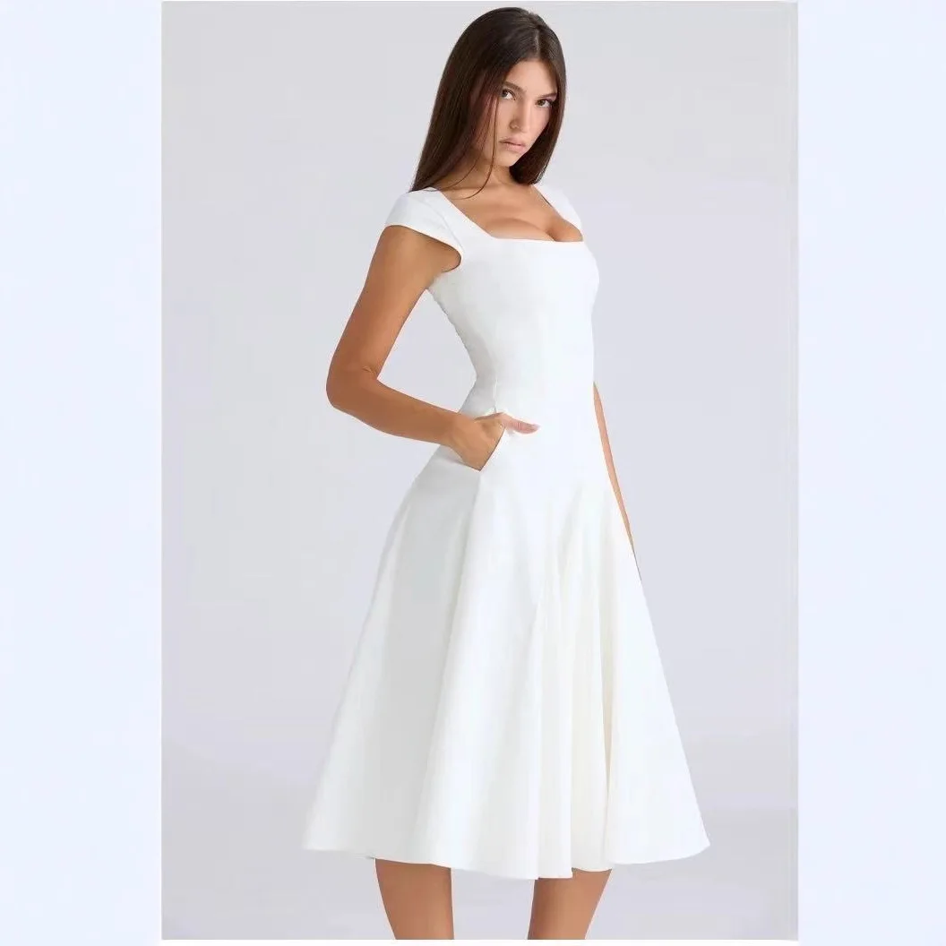 Mingmingxi 2025 فستان خريفي بأكمام كيب للنساء 2025 رقبة مربعة أنيق ميدي فستان أبيض لحفلات الأعياد ملابس نوادي غير رسمية