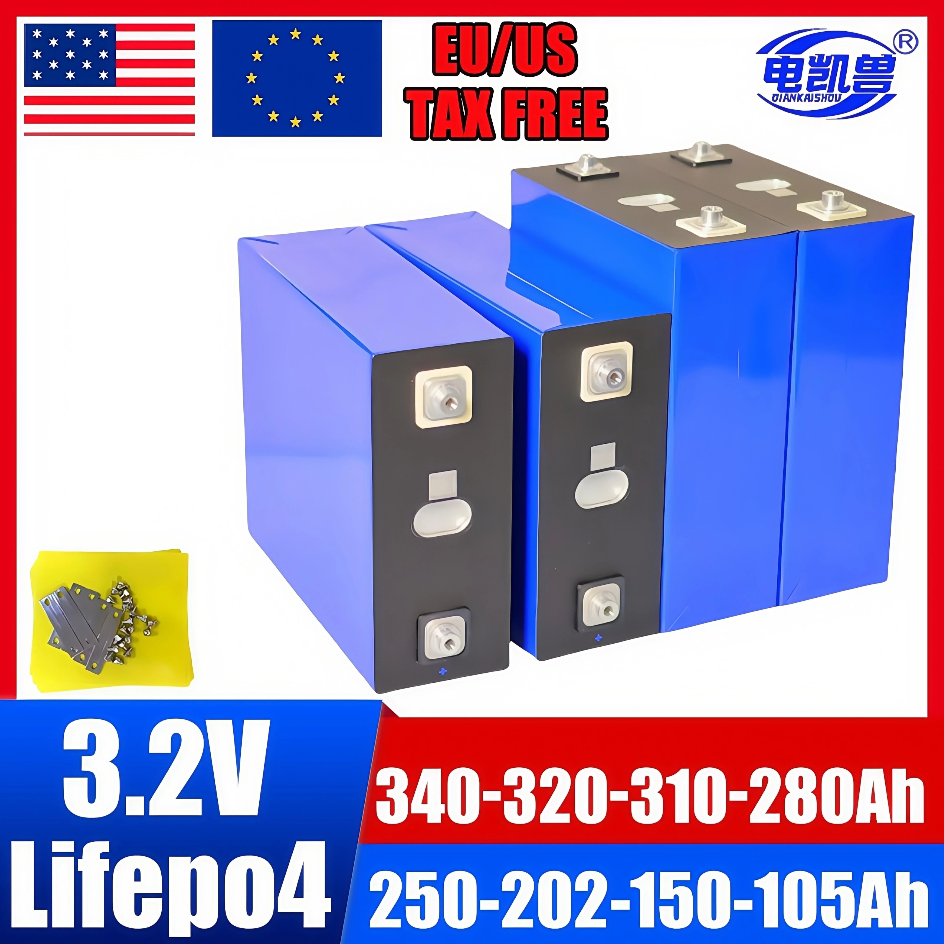 

3.2V 320AH LiFePo4 Battery 105AH 150AH 202AH 250AH 280AH 310AH 340AH Lithium Iron Phosphate for 12V 24V 48V Golf Camping Car RV