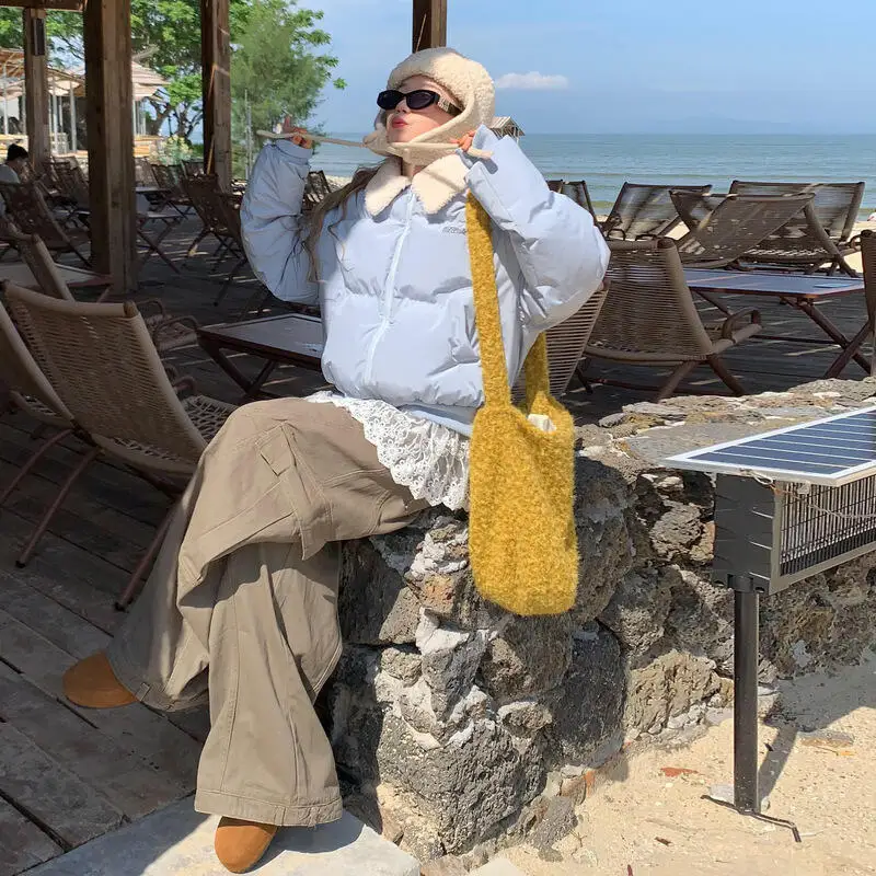 Parka da menina pão algodão-acolchoado jaqueta engrossar outono inverno feminino estudante retro americano gola de pele de cordeiro casaco puffer