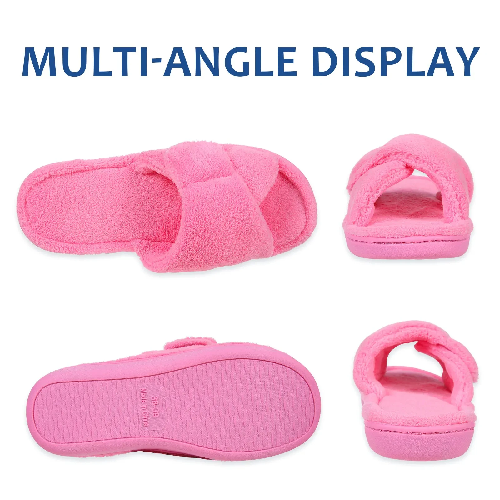 Shevalues Warm Women Cotton Slippers Memory Foam Female Slides Open Toe House Shoes Cozy Casual Anti-Slips Slippers Adjustable