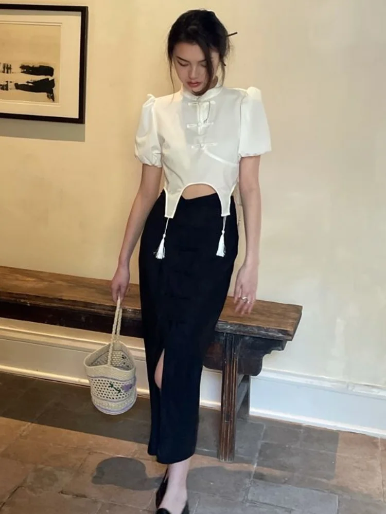 Blouses Women Puff Sleeve Traditional Chinese Style Simple Elegant Stand Collar Irregular Summer Retro Students Fashion Daily