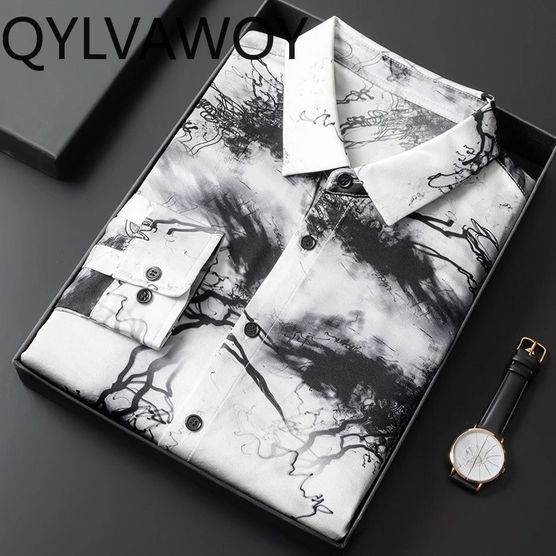 QYLVAWOY 92.4% Mulberry Silk Men's Shirts Printed Luxury Shirt Man Long Sleeves Shirts for Man Chinese Style Top Ropa Hombre