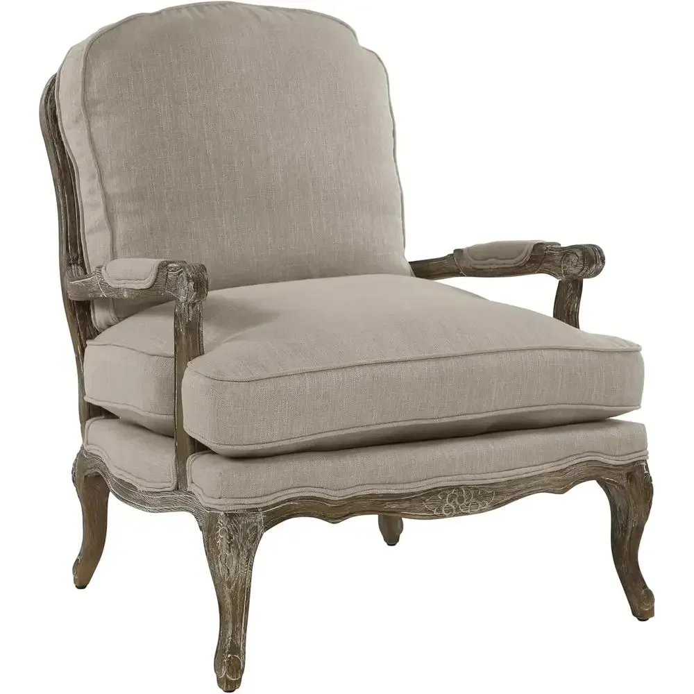Französischer Landhausstil Akzentstuhl - Traditionelle Wohnzimmermöbel, Gepolsterte Armlehnen, Wendbare Kissen, Massivholz, Neutraler Farbton