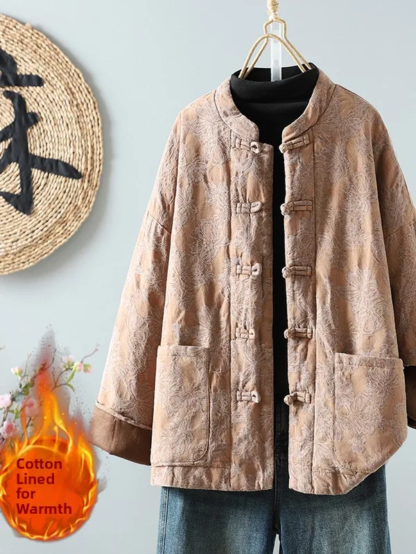 

Retro Zen Collar Button Embroidered Cotton Jaet Casual Outerwear Ladylike Straight Cut Long Sve Thiened Autumn Winter