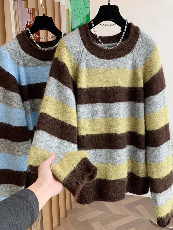 لينة Thiened المرأة سترة الرجعية مخطط اللون بلو محبوك أعلى الخريف الشتاء Faion السيدات كنزة صوفية Crewne #2