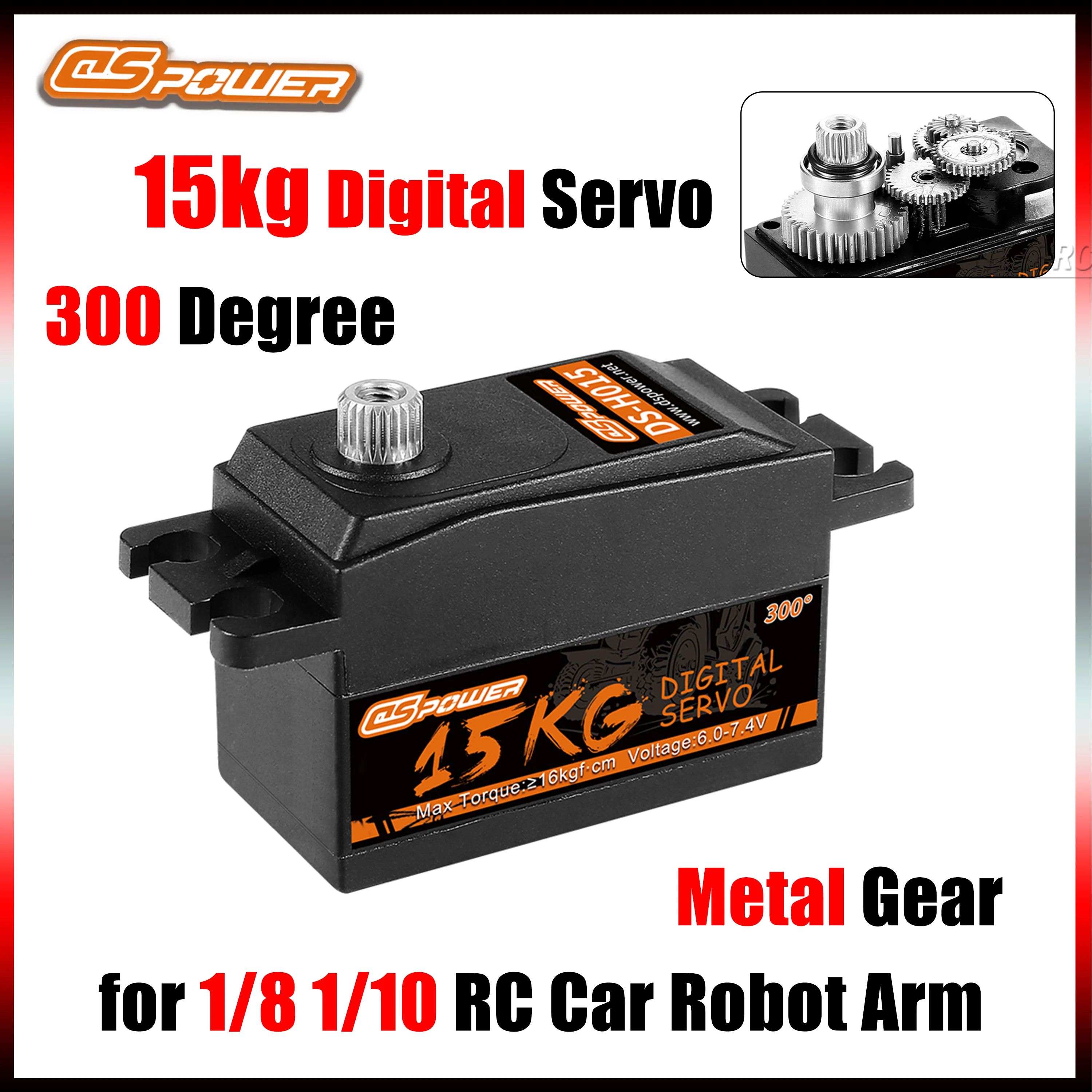 Dspower 15kg grande torque metal engrenagem núcleo motor digital baixo perfil servo 300 °   para avião axial de braço robótico de carro RC 1/8 1/10