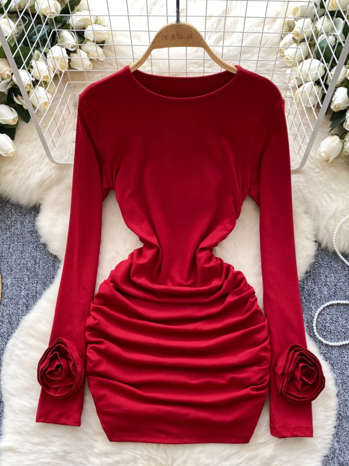 Pure Desirable Sexy Bodycon Dr Women's Autumn New Sle 3D Flower Long Sve Slim Fit Base ort Skirt Korean Sle High ...