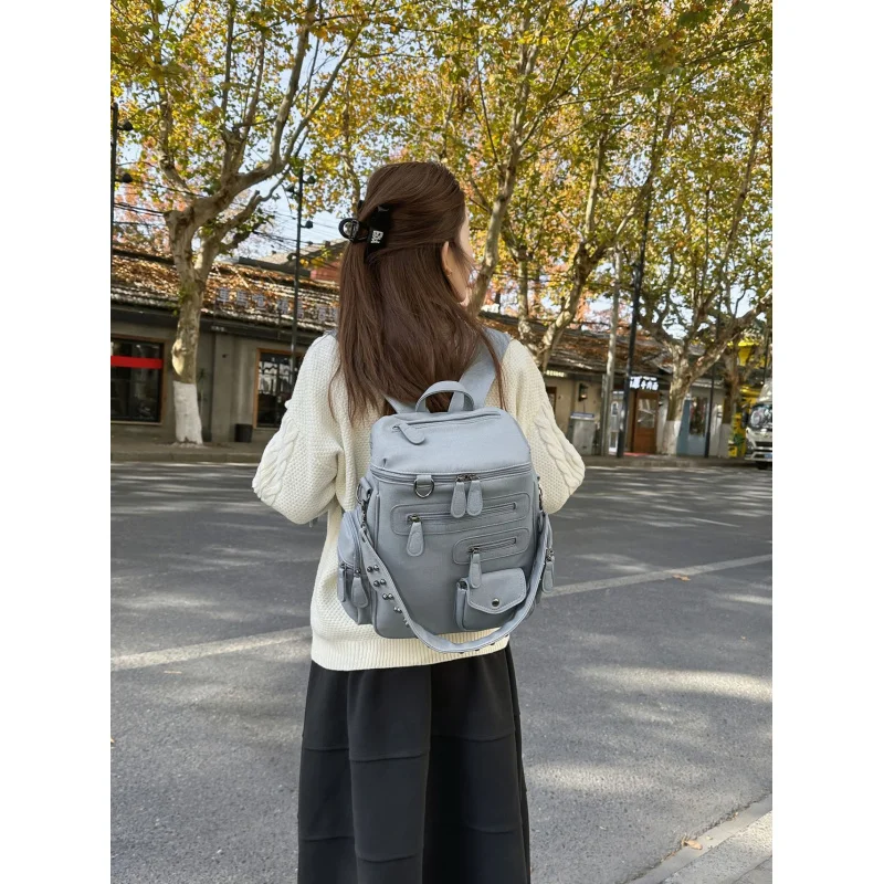Women's Backpack2025New large-capacity travel and commuter backpack with a high-end feel, versatile soft leather shoulder motorc