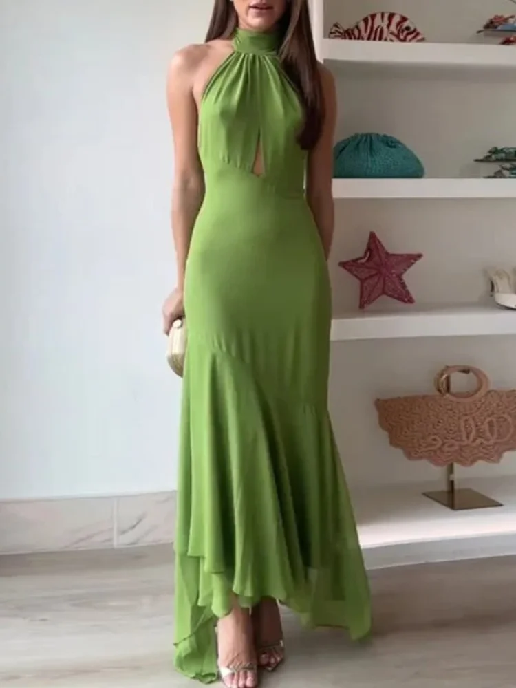Summer Backless Lace-up Office Dress Ladies Elegant Halter Hollow Bohemian Dress Spring Solid High Waist Slim Ruffle Party Dress