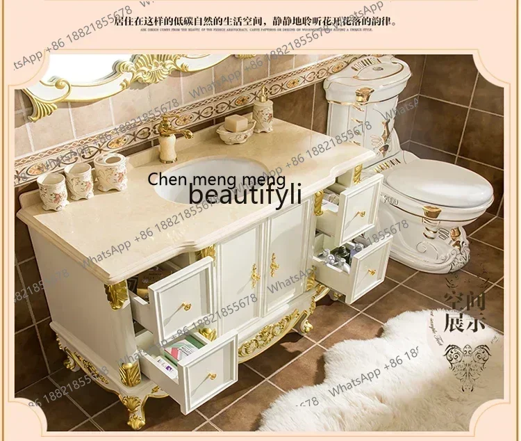 xxLuxury European-Style Bathroom Cabinet Oak Solid Wood Floor-Standing Bathroom Cabinet Bathroom Table Wash Face Wash BasinK182