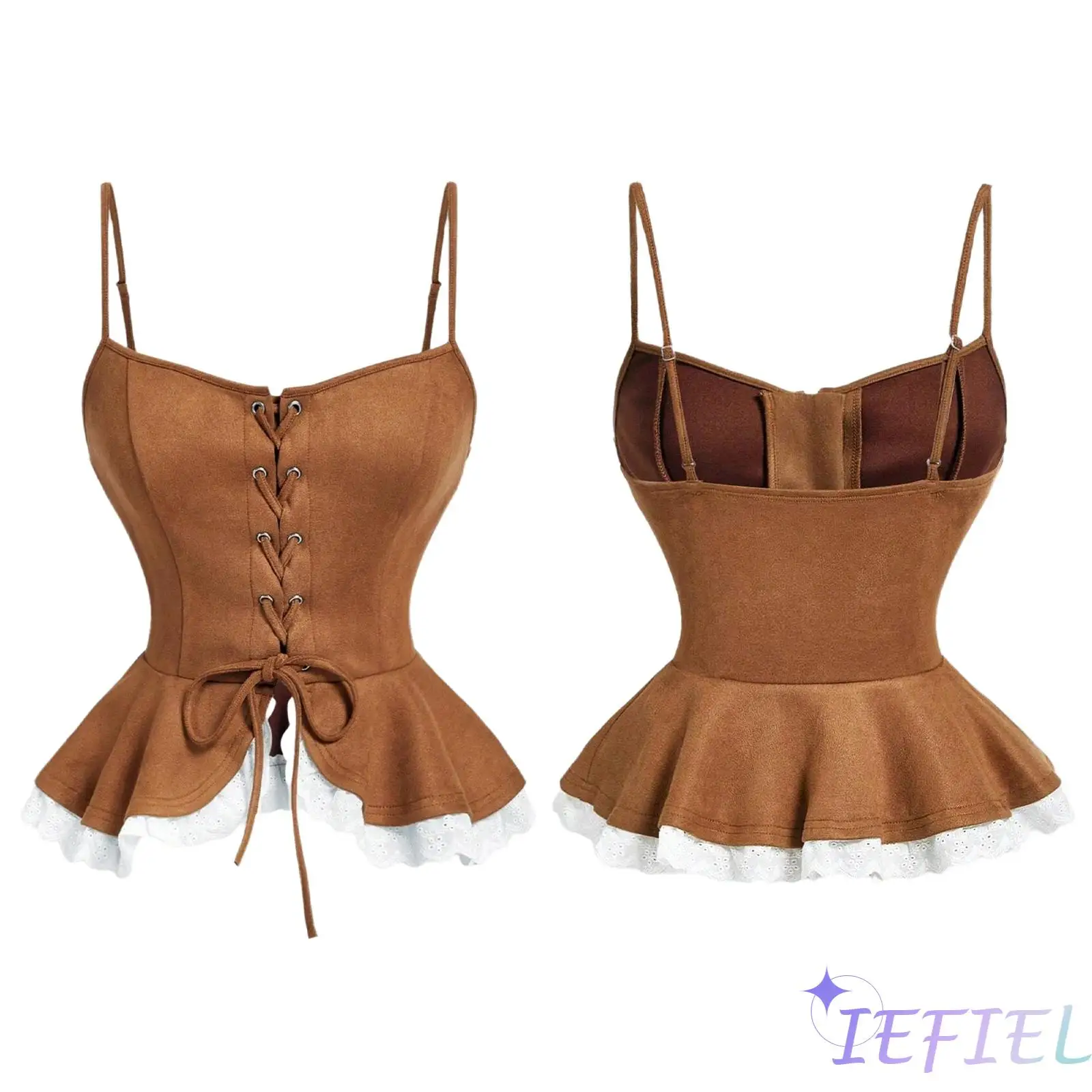 

Halloween Womens 70s Cowgirl Crop Camisole Sleeveless Lace-up Front Ruffled Faux Suede Tank Top Medieval Steampunk Corset Tops