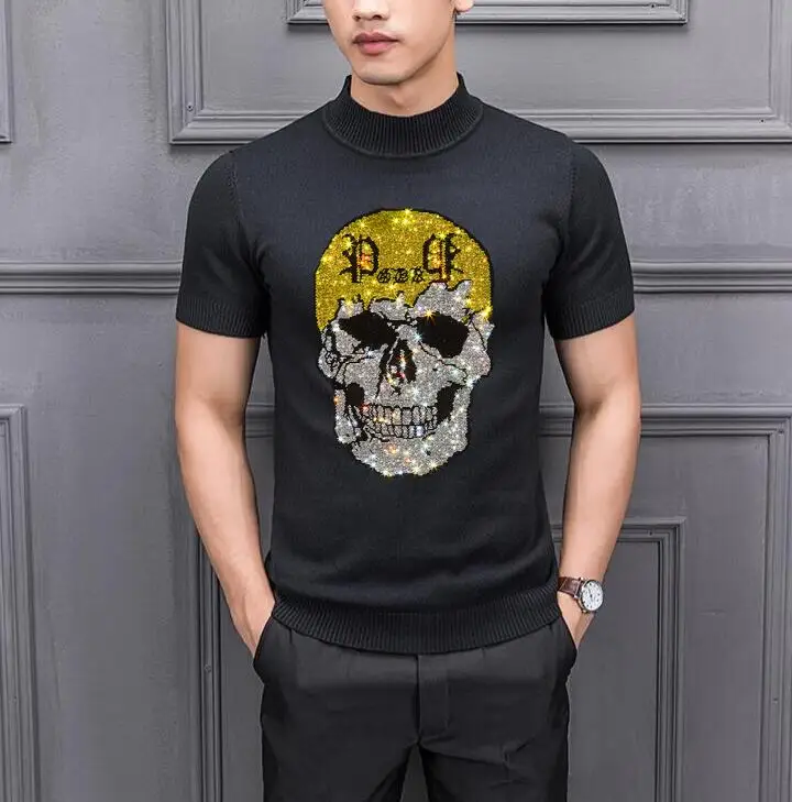 2023 Hot Selling brand Tops Hot sale Winter Men's  short Sleeve sweaters with Rhinestones   Sportswear top quality